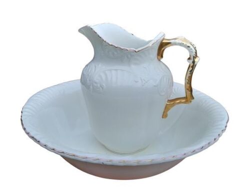 A 20th Century White Porcelain Water Jug And Basin Set With Gilded Handle And Rim 420L John Maddock & Sons