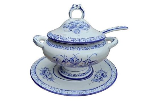 A 20th Century Blue And White Portuguese Style Ceramic Set Of Soup Tureen With Spoon And Platter