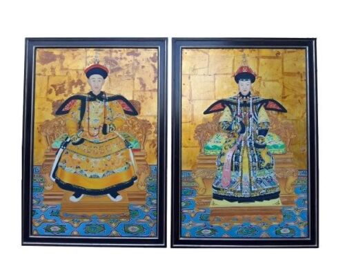 A 20th Century Pair of Chinese Oil on Canvas of an Emperor and Empress Framed in Hand-Made Wooden and Painted Frames