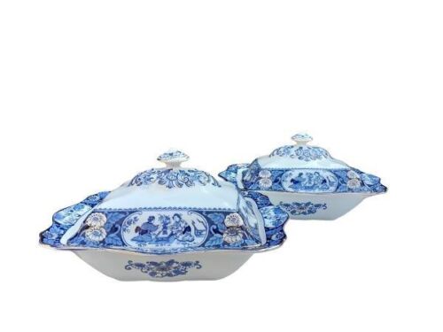 A 20TH Century Pair Of Hand Painted Blue And White Casserole Dishes With Lids