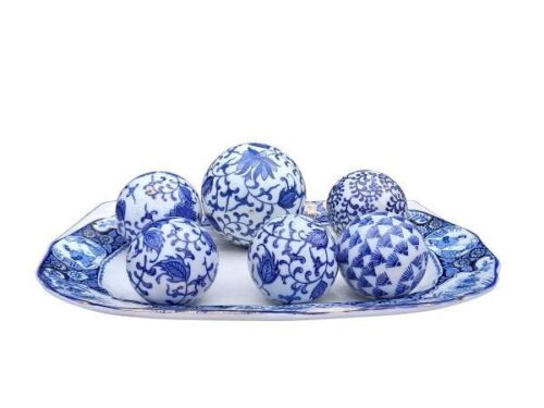 A 20th Century Hand Painted Blue / White Porcelain Platter with Gilded Design and Six Blue / White Balls