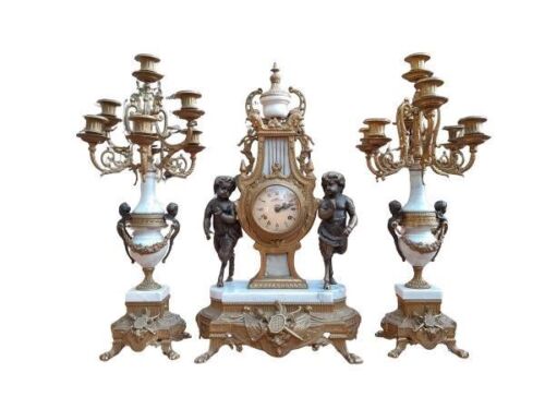 A 20th Century Rococo Style Gilded Brass / Bronze with White Marble Decorative Garniture Clock Set