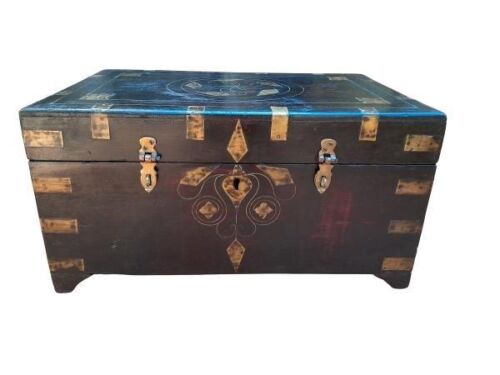 A Antique 19th Century British Colonial Cash Box with Brass inlay