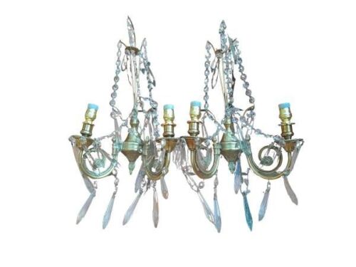A French Style Pair Of Brass And Glass Wall Sconces Electrified