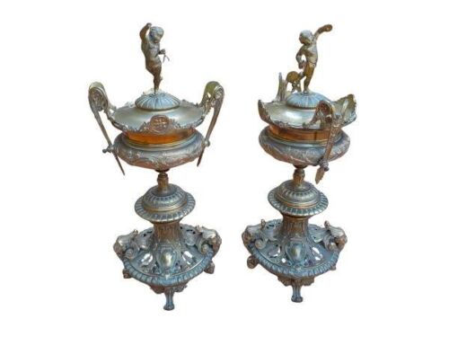 A 20th Century French Style Pair of Ornate Brass Urns on Pedestal Bases