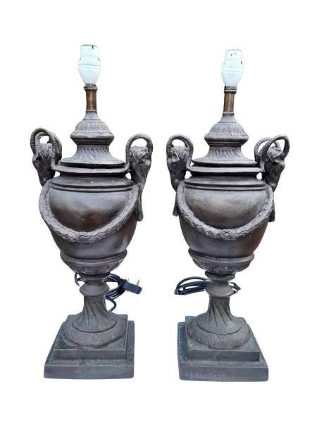 A 20th Century Pair Of Bronze Maitland Smith Ram's Head Lamp Bases