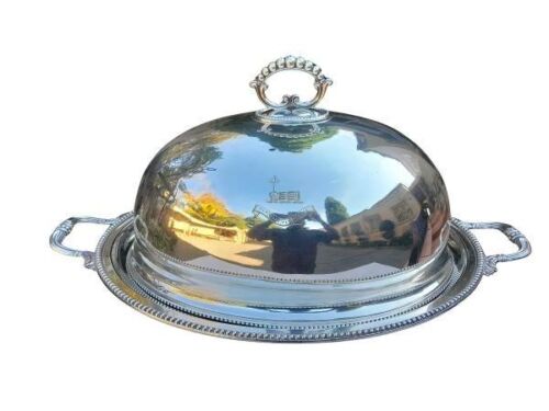An Antique Victorian Silver Plate Food Dome On Two Handled Tray