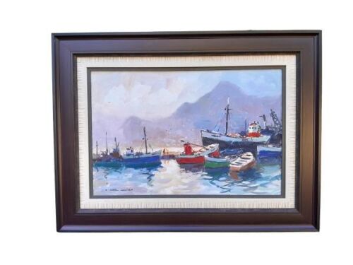 A 20TH Century Oil On Canvas Boats In Harbour And Signed