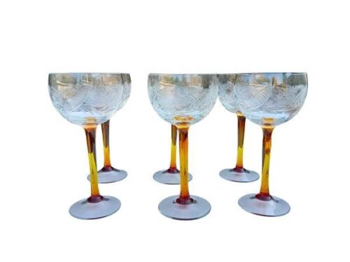A Set Of Six Hand Cut Crystal Bohemian Wine Goblets  With Red Stems