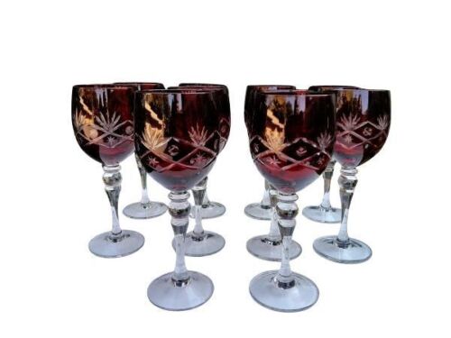 A Set Of Ten Red Crystal Cut Bohemian Wine Glasses