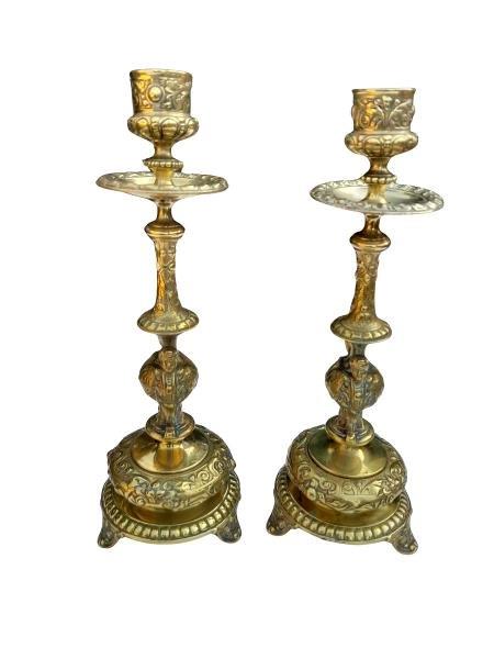 An Antique 19th Century Pair Cast Brass Candle Sticks/Holders