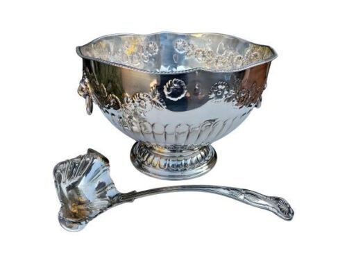 A 20th Century English Silver Plate Victorian Style Punch Bowl With Ladle