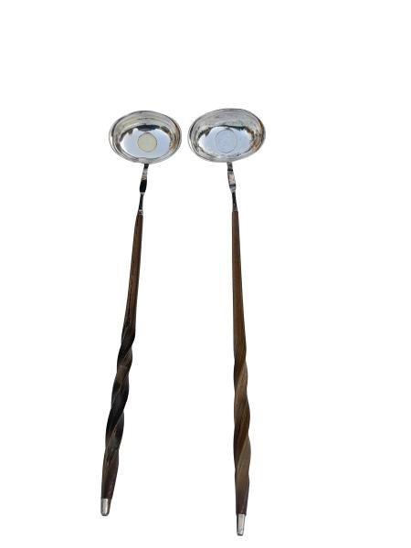 A Set Of Two Silver Toddy Ladles With Inset Coins And Wooden Handles