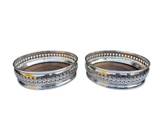 An Antique Pair Of Silver English  Elizabeth II Wine Coasters With Wooden Bases
