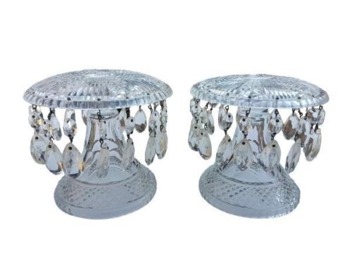 A Pair Of Crystal Cut Candle Holders With Tear Drop Crystals