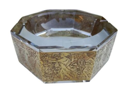 A 20th Century / Circa 1950s  Moser Crystal Ashtray With 24kt Design In A Box