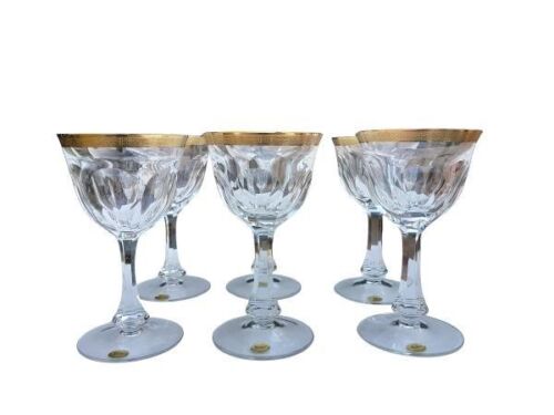A Set Of Six Moser Crystal Water Goblets With 24kt Gilt Rims In Box