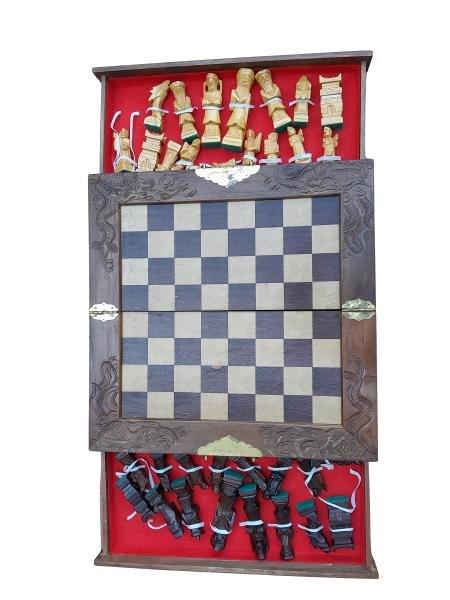 A 20th Century Wooden Chess Set On Storage Box