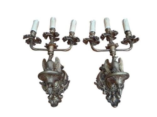 A 20th Century French Style Pair Of Three Light Brass Wall Sconces