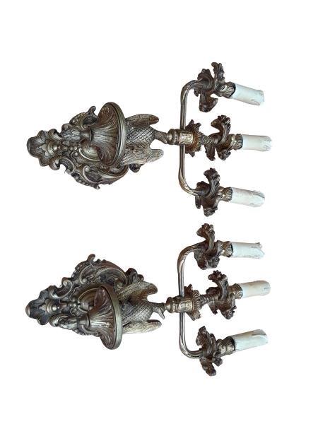 A 20th Century French Style Pair Of Three Light Brass Wall Sconces
