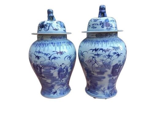 A 20th Century Pair Of Chinese Blue/White Foo Dog Jars With Lids