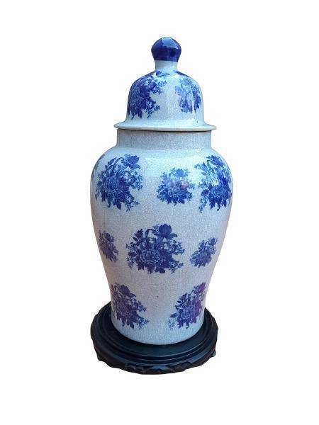 A 20th Century Chinoiserie Ming Style Blue/White Lidded Ceramic Jar On Wooden Stand