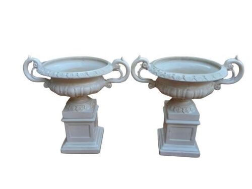 A Decorative Pair Of Cream Painted Urns / Jardinières On Bases