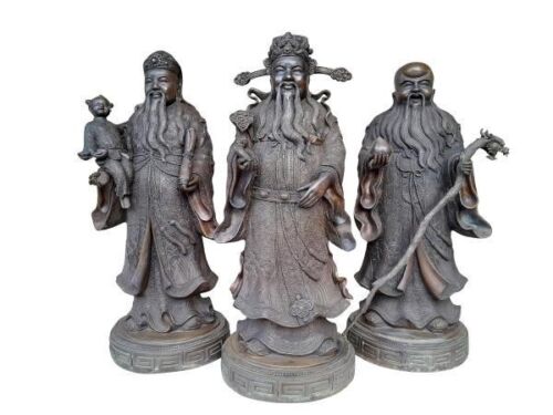 An Antique Early 1900s  Set of Three (3) Tall and Decorative Chinese Bronze Figures On Bases