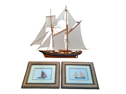 A 20th Century Hand-Made Wooden Ship on Stand with a Pair of Ship Prints in Giltwood Frames