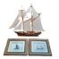 A 20th Century Hand-Made Wooden Ship on Stand with a Pair of Ship Prints in Giltwood Frames