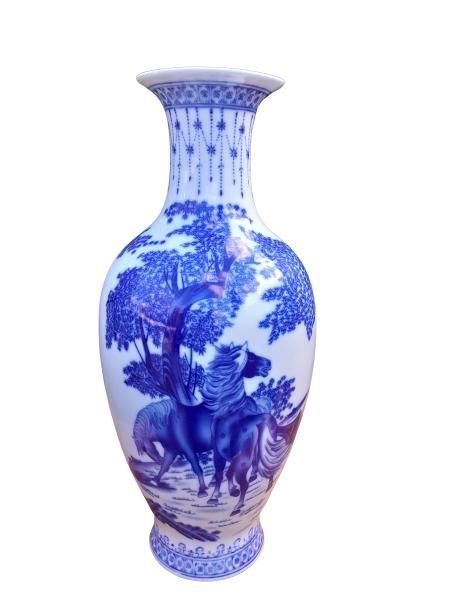 A 20th Century Chinese Blue / White Hand-Painted Porcelain Vase with Horse (With a Presentation Box)