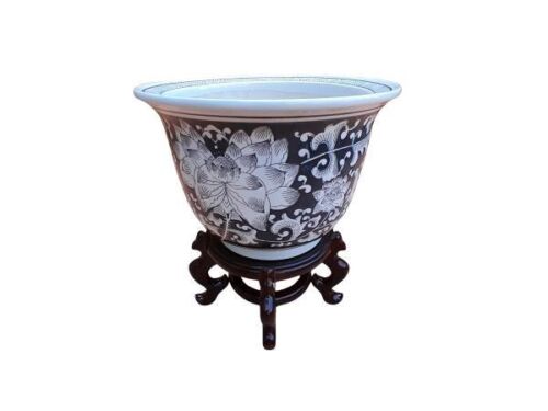 A 20th Century Chinese Black / White Jardiniere On Wooden Stand