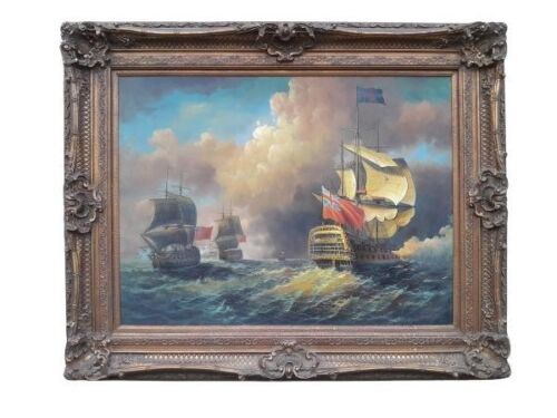 A 20TH Century Oil On Canvas Ships On Water  Of Large Proportion  In An Ornate Giltwood Frame