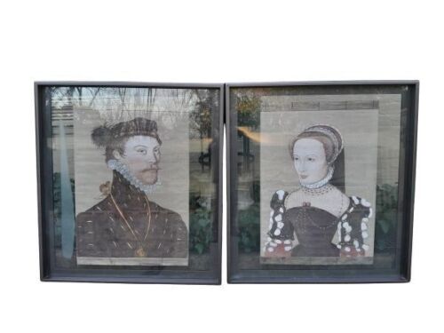 A Pair Of Large Framed Oils Of Man  And Woman On Fabric