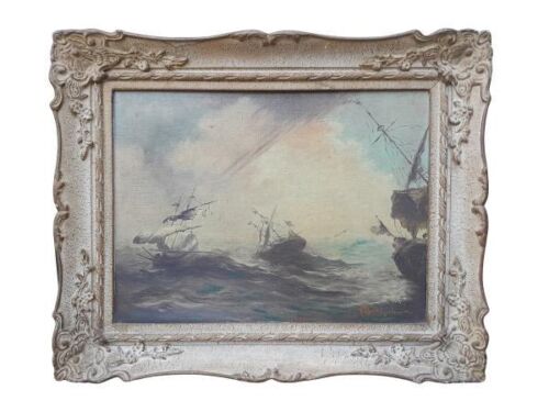A 20th Century Ships In A Storm Oil On Canvas In An Ornately Carved Giltwood Frame