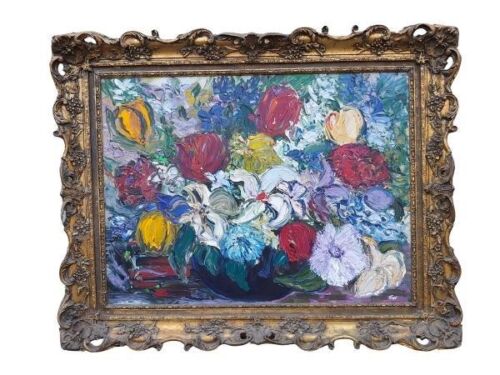 A 20th Century Acrylic On Canvas Life With Flowers Signed In An Ornately Carved Giltwood Frame