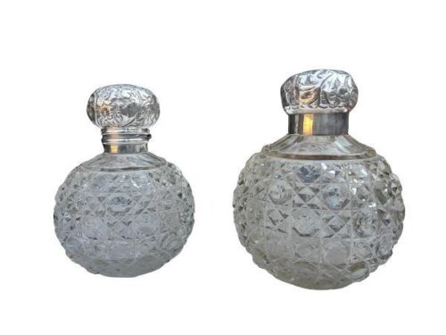 A 19H Century Circa 1899 Set Of Two Silver Top Cut Glass Perfume Bottles