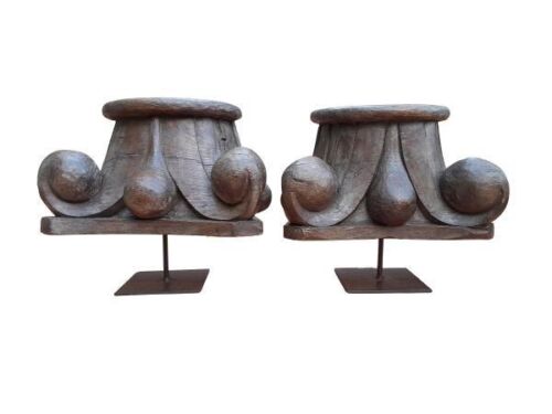 An Antique 19th Century Pair Or Architectural Decorative Wooden Pillar Tops On Iron Stands