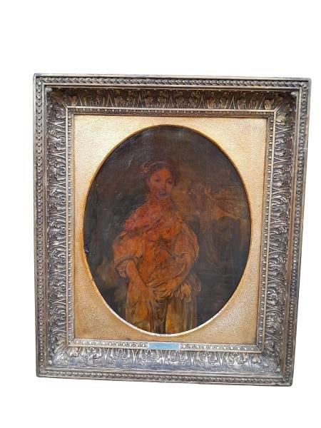 A 20th Century Oil On Canvas Painting Of A Woman In A Gilded Frame Titled The Broken Vessel