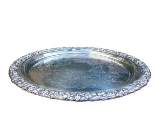 A 20th Century Circular Silver Plate Tray With Engraving By Raleigh With Repousse Rim
