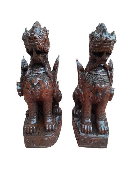 An Antique Early 20th Century Decorative Carved Wooden Pair Of Burmese Lion-Dogs
