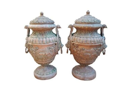 A 20th Century Pair Of Bronze Urns With Lids And Handles Of Large Proportions