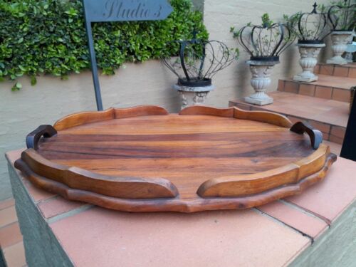 An Antique / Mid 20th Century Carved Black Wood Tray With Border And Handles