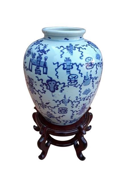 An Antique 19th Century /  Early 20 Century Qing Dynasty Chinese Hand- Painted Porcelain Vase On Wooden Stand