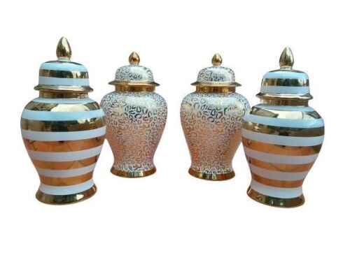 A Set Of Two Pairs Of Lidded Jars Leopard Print And  Gold / White Ceramic Jars