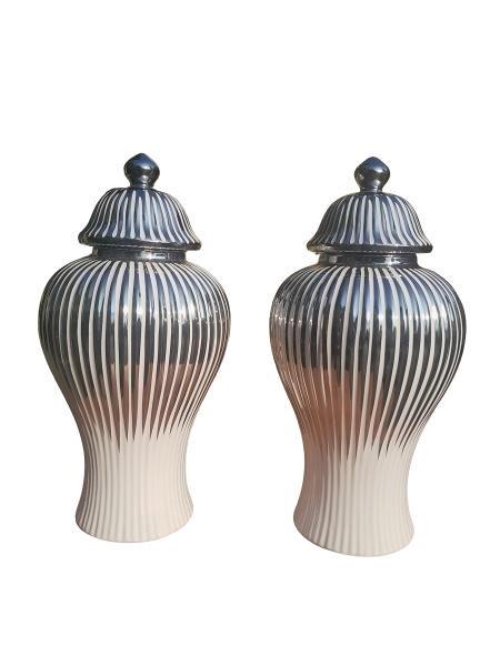 A Pair Of Glazed Pottery Lidded Jars In Silver / White Stripes