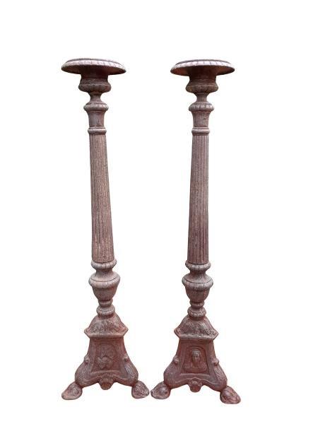 A 20th Century French Pair Of Cast Iron Of Large Candlesticks / Holders