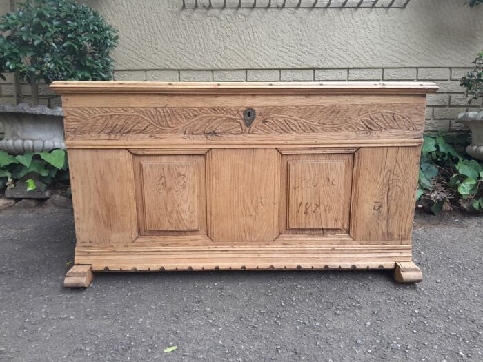 An Antique 19h Century Circa 1824 Carved Oak Wood Kist (Could be used as a Coffee Table) in a Bleached Contemporary Finish ND