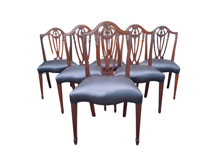 An 18th Century Circa 1790 Fine and Rare Set of Six George lll Hepplewhite Period Mahogany Shield Back Chairs with Serpentine Seat Rails Upholstered in Leather ND