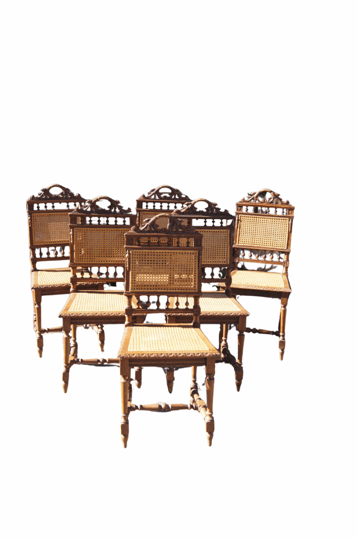 Set of 6 Early 20th Century Oak Chairs with Rattan Seats